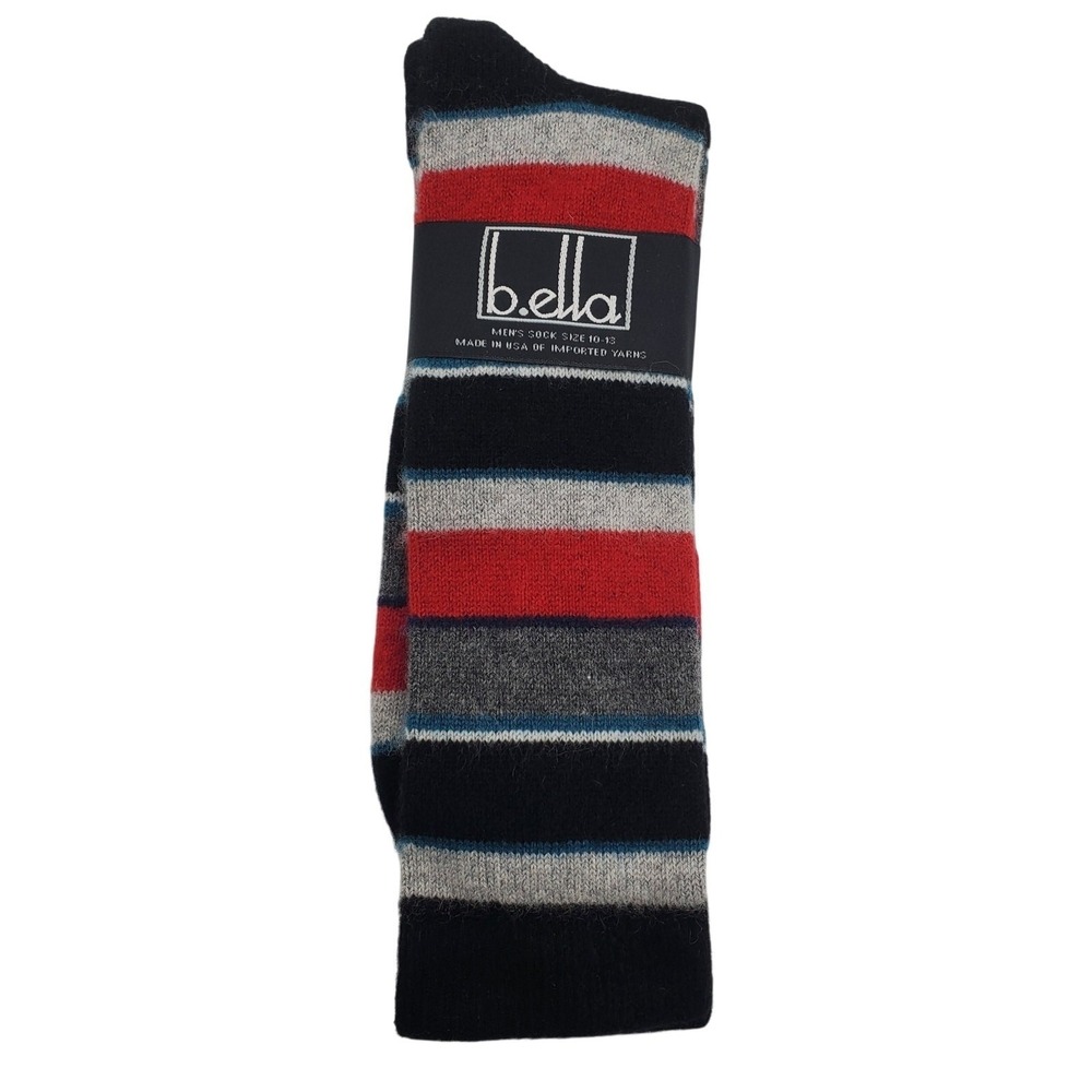 Stripe Cashmere Crew Socks Mens Large 10-13 Black Grey Red B.ella Dress Luxury